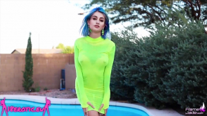 Blue-haired Babe Riding and Suck Dildo - Facial Imitation near the Pool